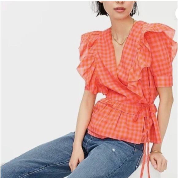 J.Crew Shirt Womens XS Pink Orange Gingham Wrap Ruffle Tie Waist Peplum AW940 - Picture 1 of 10